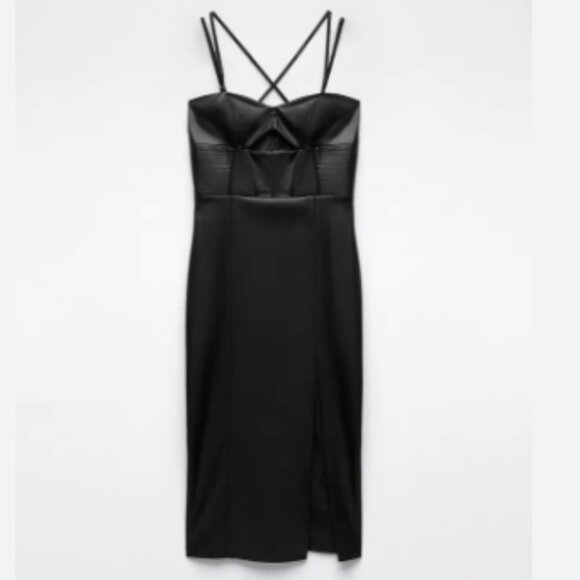 ZARA WOMEN BLACK TOPSTITCHED FAUX LEATHER MIDI DRESS SIZE S NWT - Picture 7 of 8